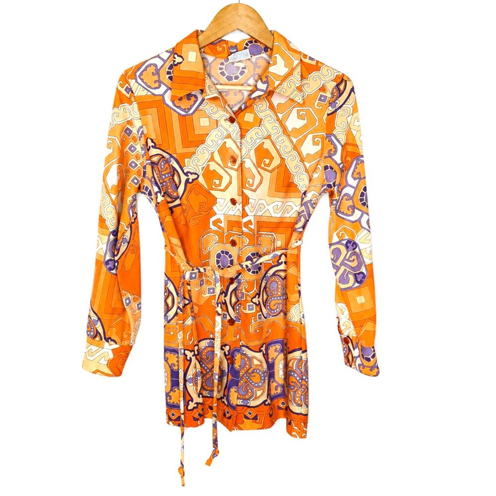 Vintage 70s Pykettes Orange Purple Geometric Tunic Blouse Mod Disco Button Up